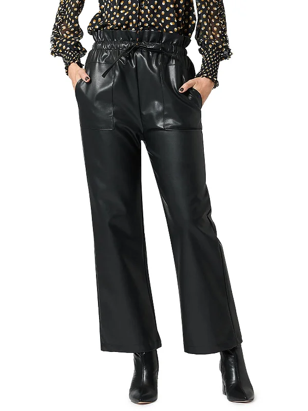 Womens Vegan Leather High Rise Wide Leg Pants