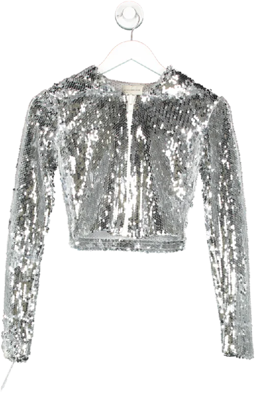 Faith Connexion Metallic Cropped Hooded Silver Sequin Jacket UK S