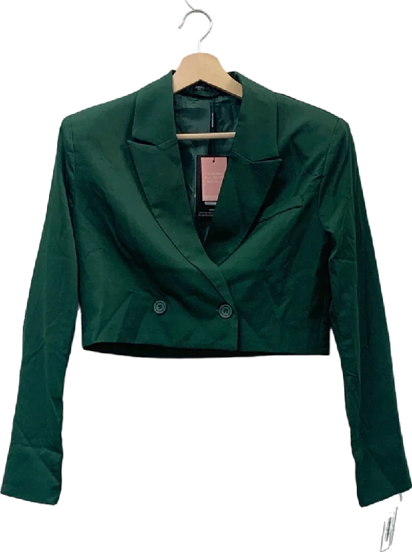 PrettyLittleThing Forest Green Woven Cropped Shoulder Padded Blazer UK 4